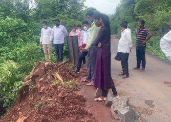 स्त्यावर कोसळलेल्या दरडीची पाहणी