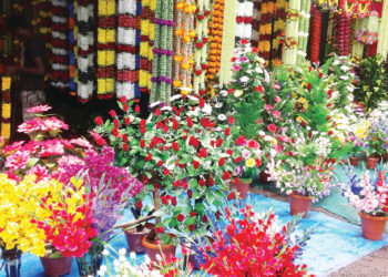 बाप्पाच्या स्वागातासाठी प्लॅस्टीकच्या फुलांनी बहरली बाजार पेठ