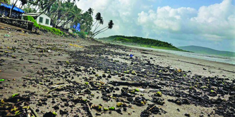 मुरुड समुद्र किनारी ऑइलचे तवंग