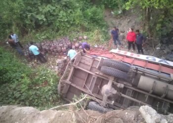 कार्लेखिंडीत गॅस सिलिंडरचा ट्रक पलटी; चालक जखमी