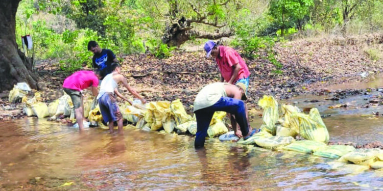 कोंझरी बौद्धवाडीत श्रमदानातून बांधला बंधारा