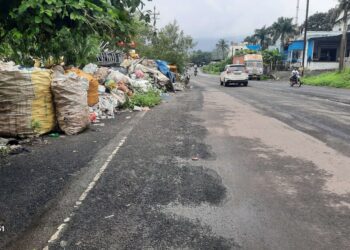 रस्त्यावर भंगाराचे ढीग बांधकाम विभागाचे दुर्लक्ष