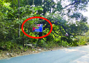 पोलीस ठाणे हद्दीचा फलक झुडपात