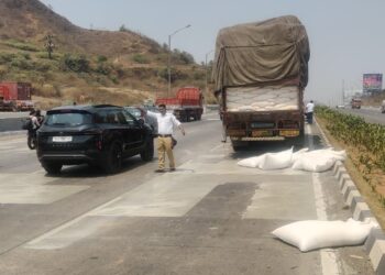 भुसा भरलेल्या गोणी रस्त्यावर