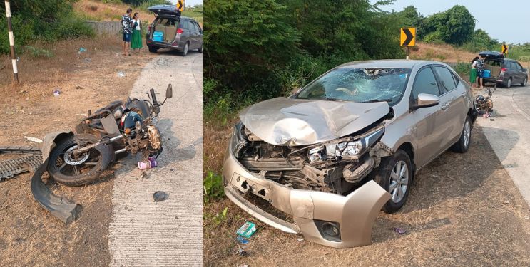 मोटारसायकल आणि दोन कारमध्ये अपघात; तीन जण जखमी