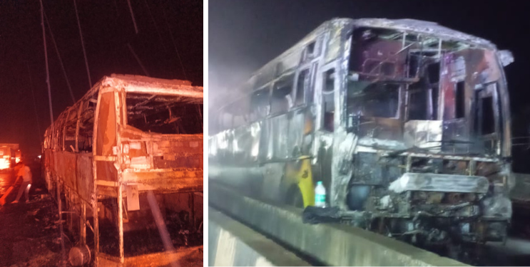 कशेडी घाटात टायर फुटताच खासगी बसने घेतला पेट