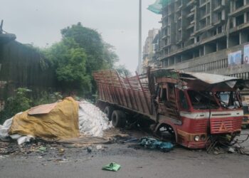 ज्वारी घेऊन जाणारा ट्रक पलटी