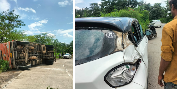 कर्जत-मुरबाड रस्त्यावर भरधाव ट्रक कारला धडकून पलटी